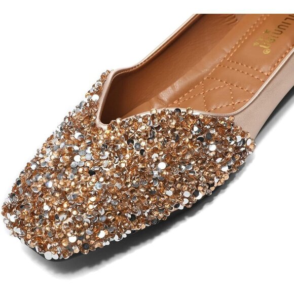 Fsfdamai Flat Shoes Women Golden Leather Square Toe Bling Glitter Casual Shoes - Picture 3 of 6